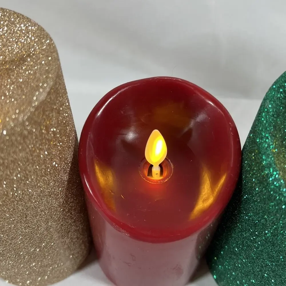 Lot of 3 Luminara Candles Christmas Gold Green Glitter Red Remote 4-10hr Timer